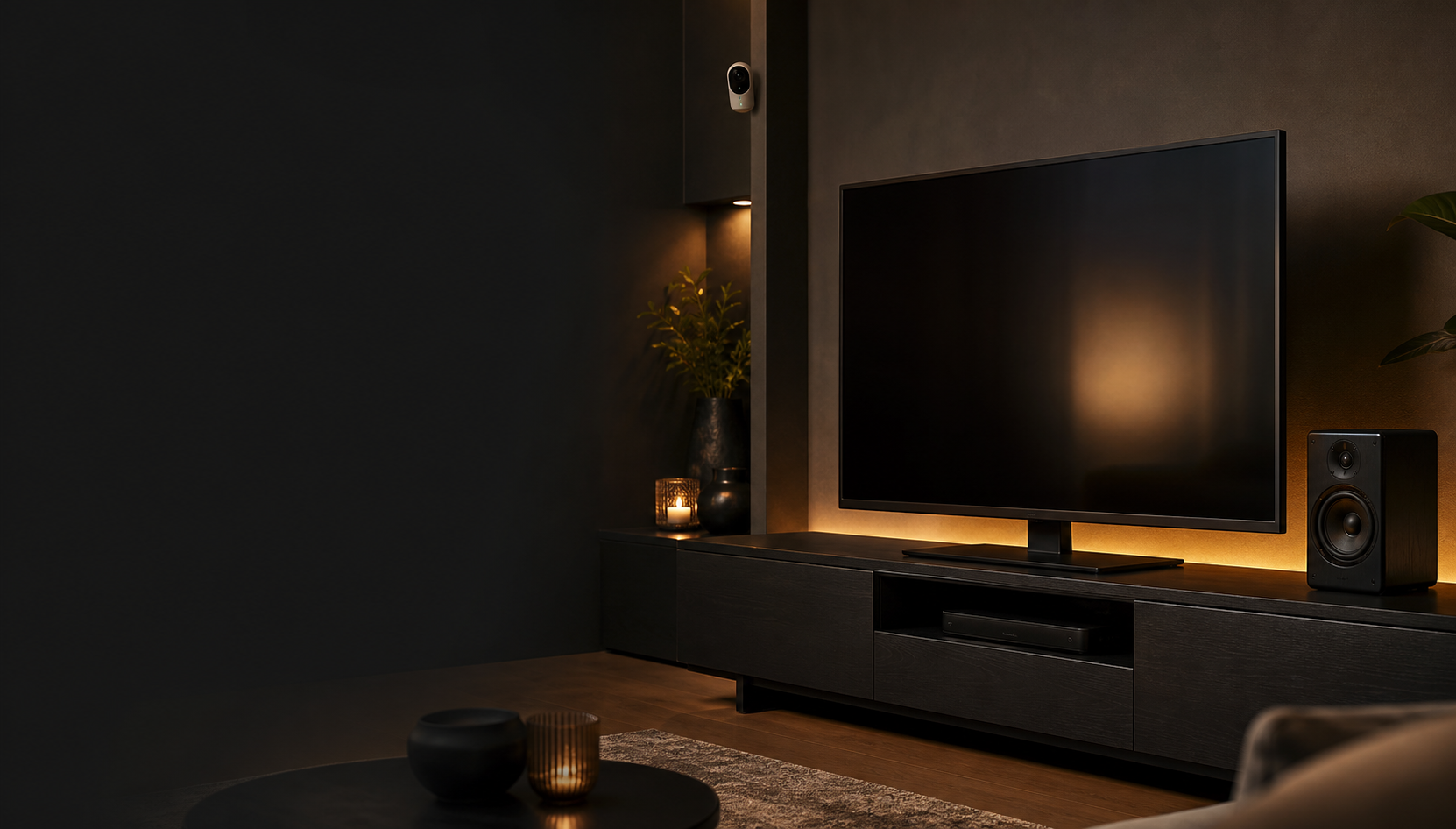 A modern television, speaker, and security camera detail in a home